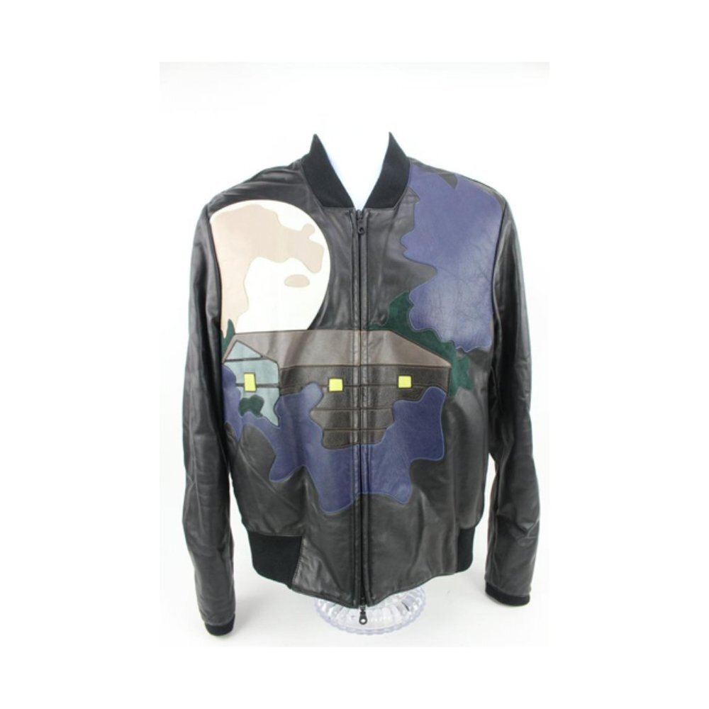 Kenzo Men's Large Limited Black Leather Moon Patch Jacket 124k17